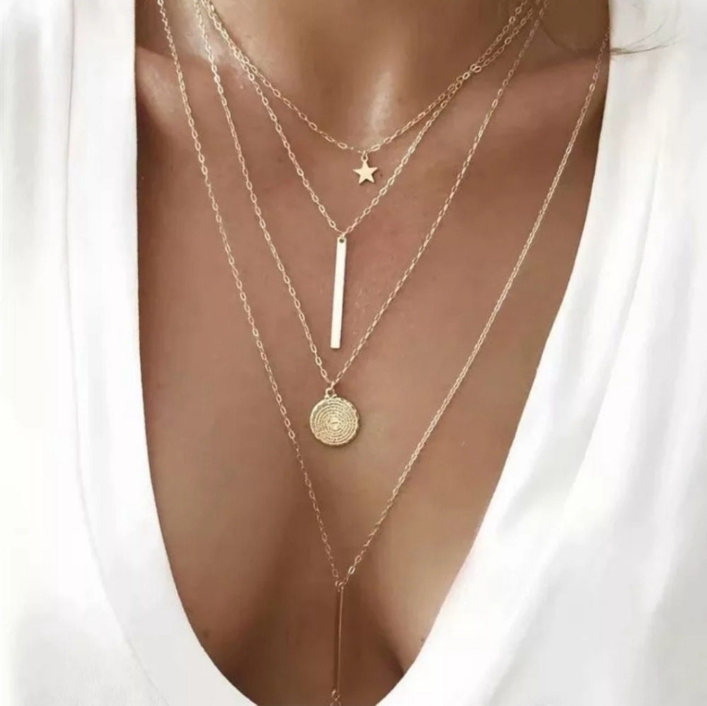 Multi Strand Layered Necklace Bar Star